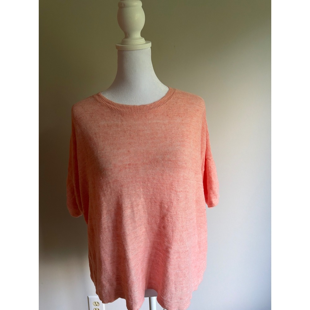 Eileen Fisher Petite Organic Linen Boxy Knit Top Melon Pink Short Sleeve PL